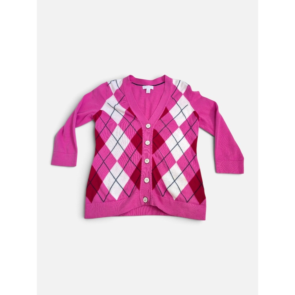 Charter Club Preppy Pink Cardigan Argyle V-Neck Button Up Sweater Elle Woods